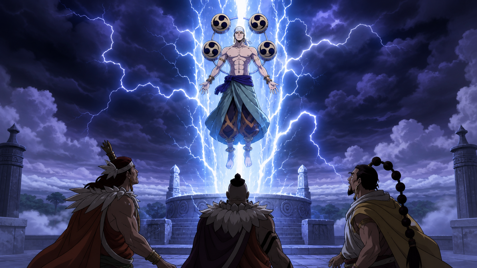 Enel materializes in blue-white lightning above Shura, Ohm, and Gedatsu at the Upper Yard shrine before opening every priest territory