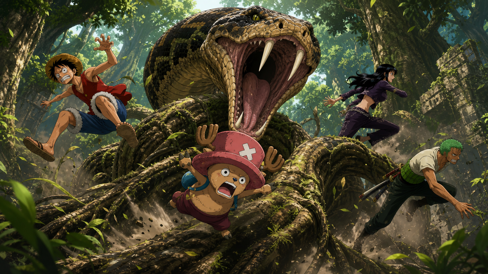 The giant python Nola rises from moss-covered roots and scatters Luffy, Robin, Zoro, and Chopper across the Upper Yard jungle