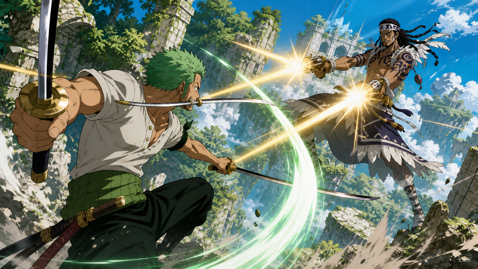 Zoro launches a flying sword slash through the brilliant beams of Braham’s twin Flash Guns amid the ancient ruins of Upper Yard