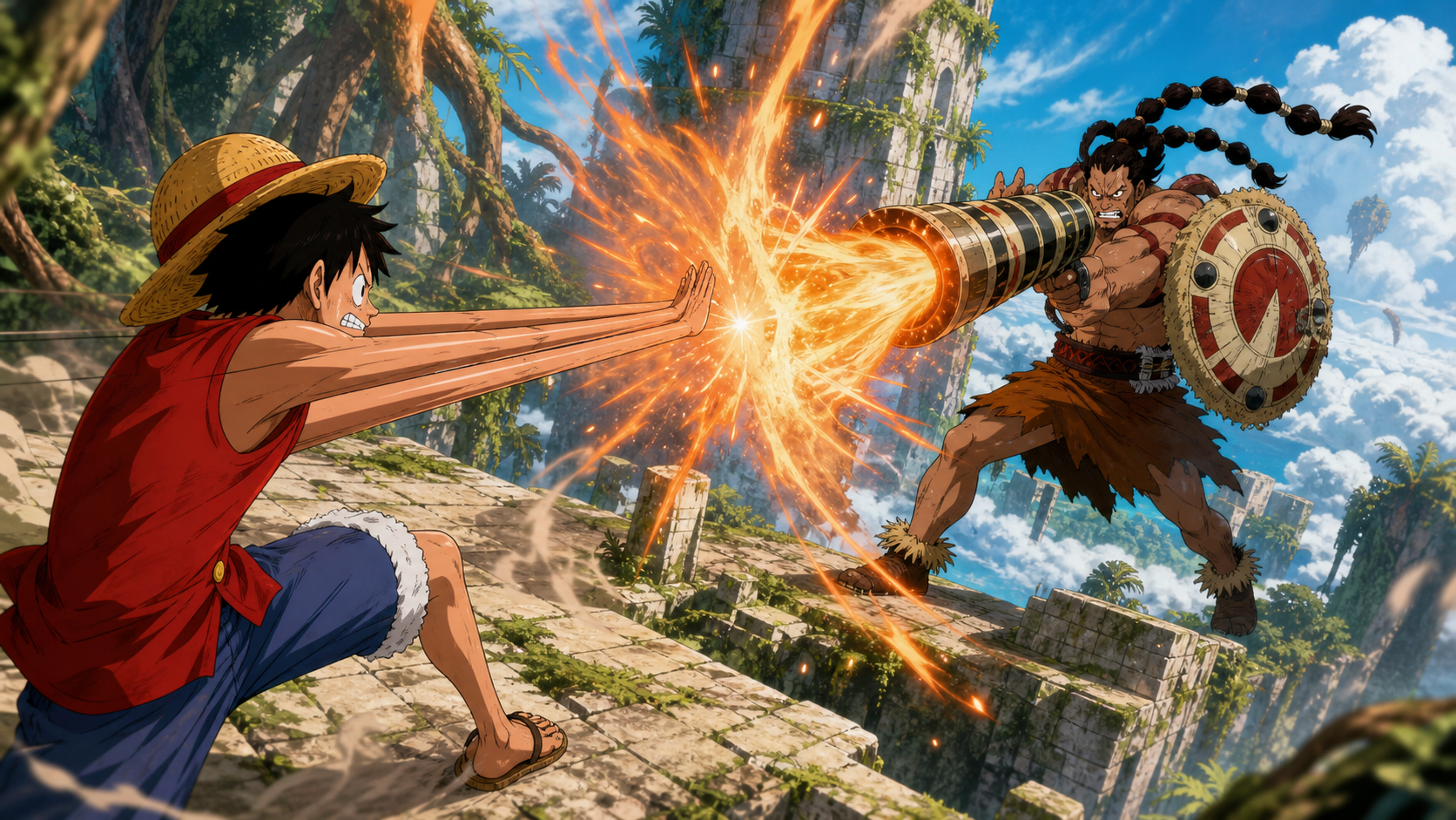 Luffy stretches both arms into a bazooka-style counterattack as Wyper fires a roaring orange Burn Bazooka across the ruins of Upper Yard