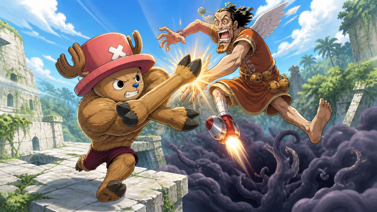 Chopper in muscular Arm Point lands a crossing hoof strike against Gedatsu above a dark swamp cloud after removing one of the priest’s rocket shoes