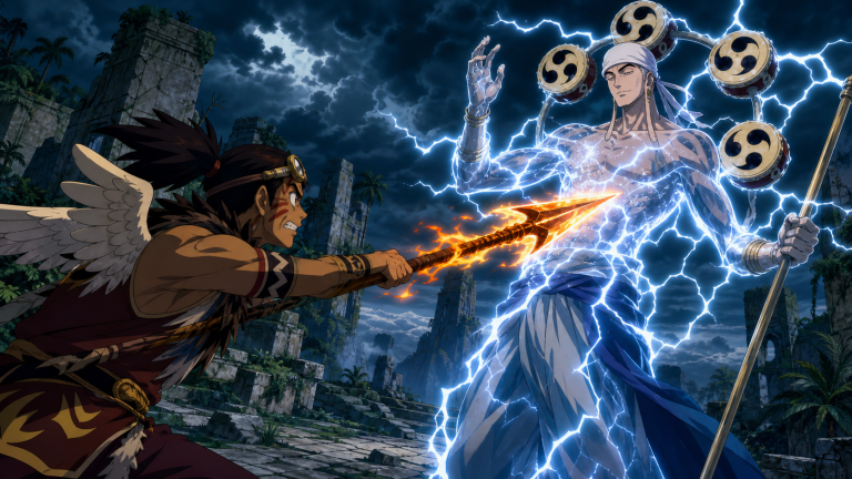 Kamakiri drives a flame-edged spear into Enel’s blue-white lightning body as four drums frame the ruler above the storm-dark ruins of Upper Yard