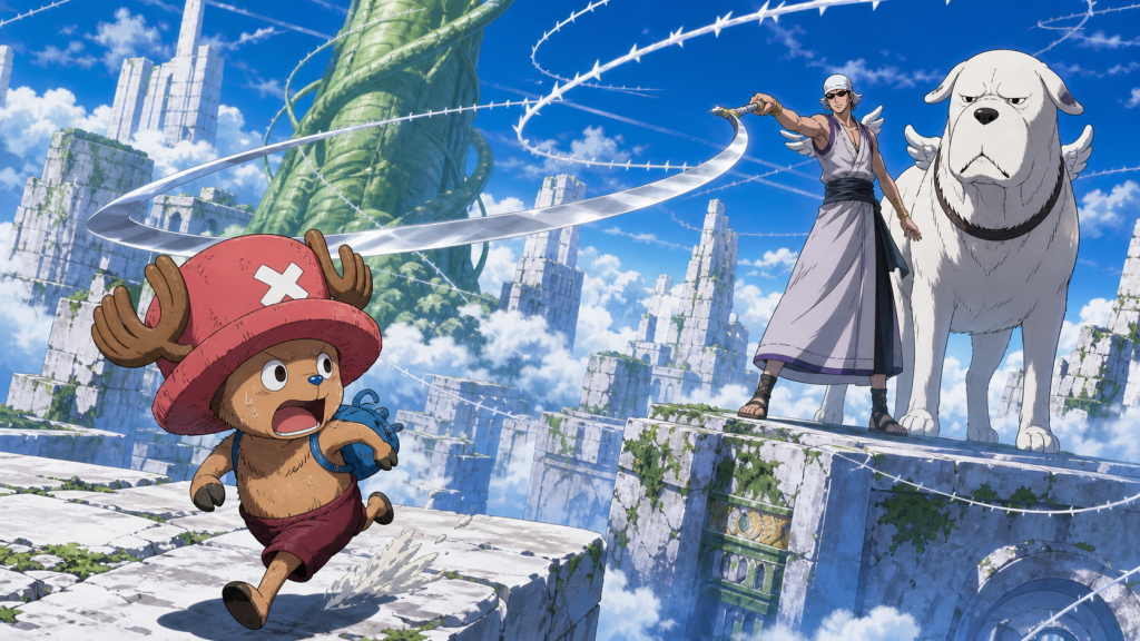 Chopper runs across the high ruins as Ohm sends a flexible Iron Cloud sword around the platforms while the giant white dog Holy blocks the safer route