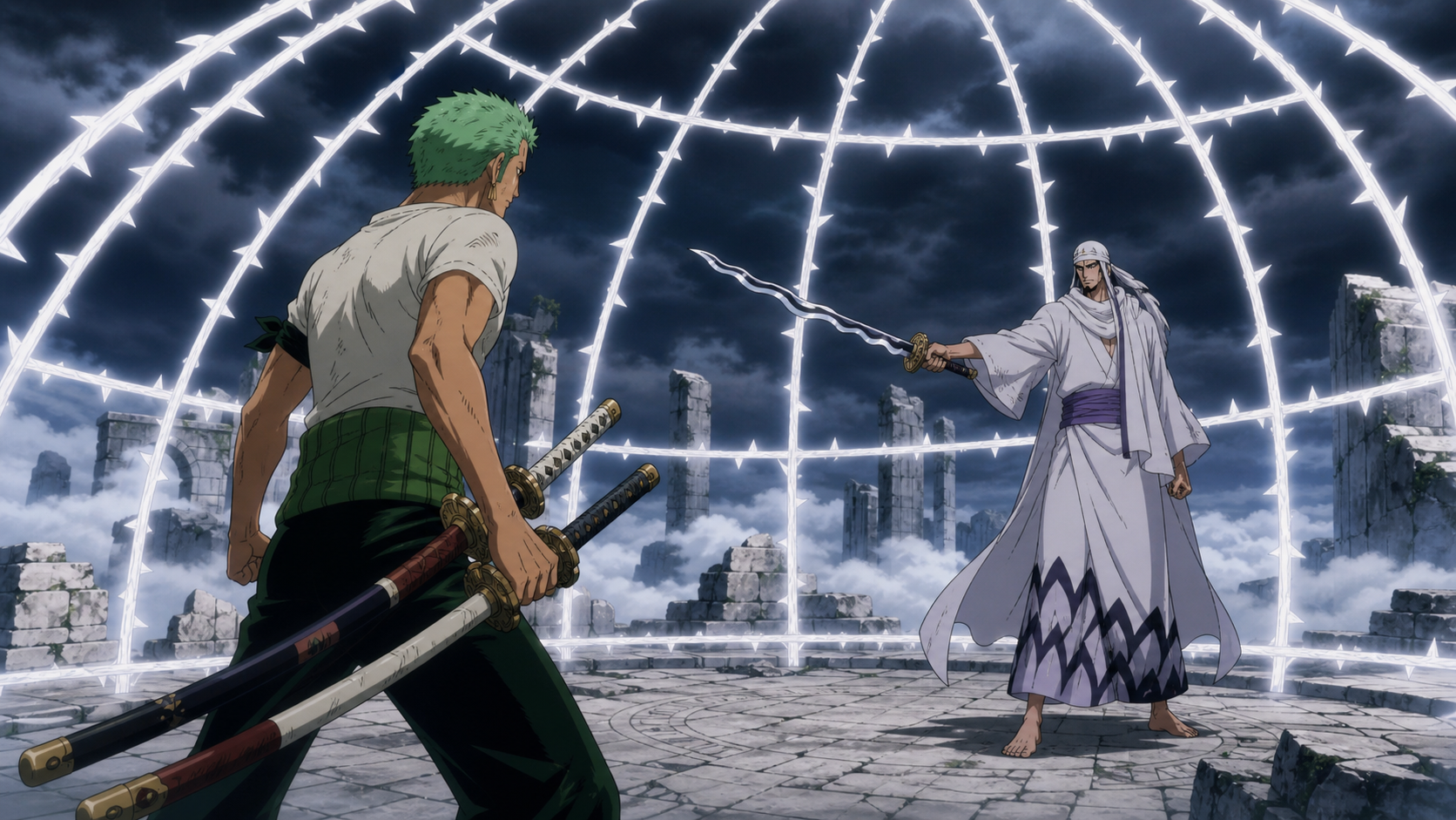 Zoro faces Ohm inside a luminous dome of white barbed Iron Cloud across the storm-dark Upper Ruins