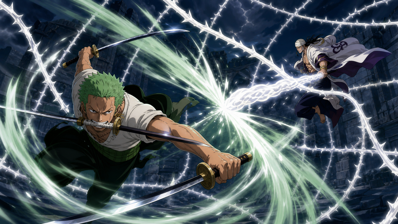 Zoro launches a three-sword airborne slash through Ohm’s single flexible Iron Cloud blade inside the White-Barbed Death Match