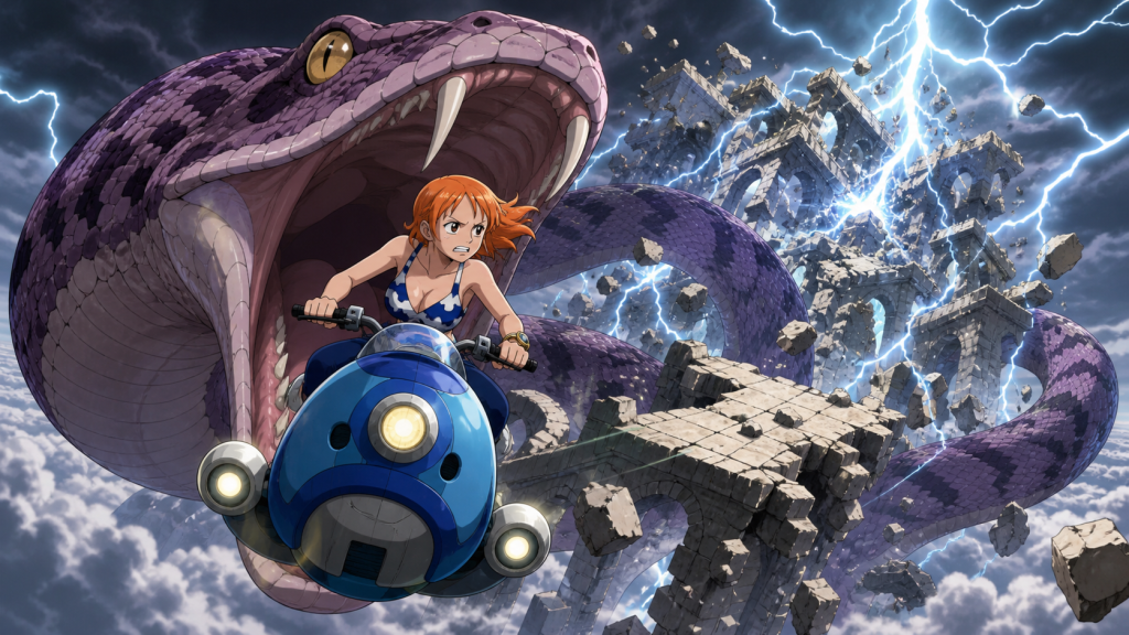 Nami drives a blue waver from Nola’s open mouth while Enel’s lightning collapses the Upper Ruins behind them