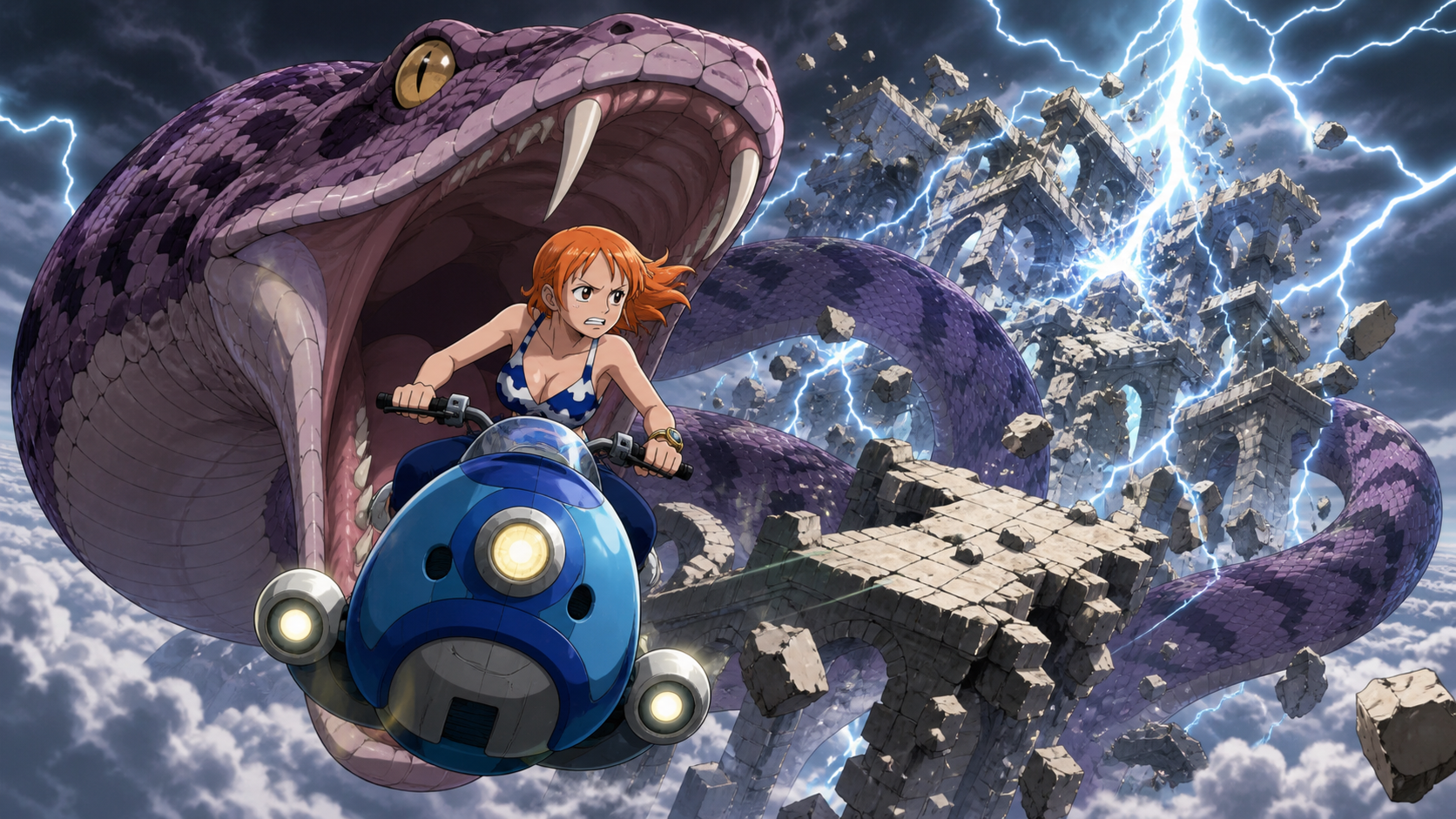 Nami drives a blue waver from Nola’s open mouth while Enel’s lightning collapses the Upper Ruins behind them