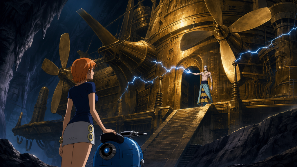 Nami stands beside her blue waver and looks up at Enel presenting the immense golden Ark Maxim inside a hidden cavern