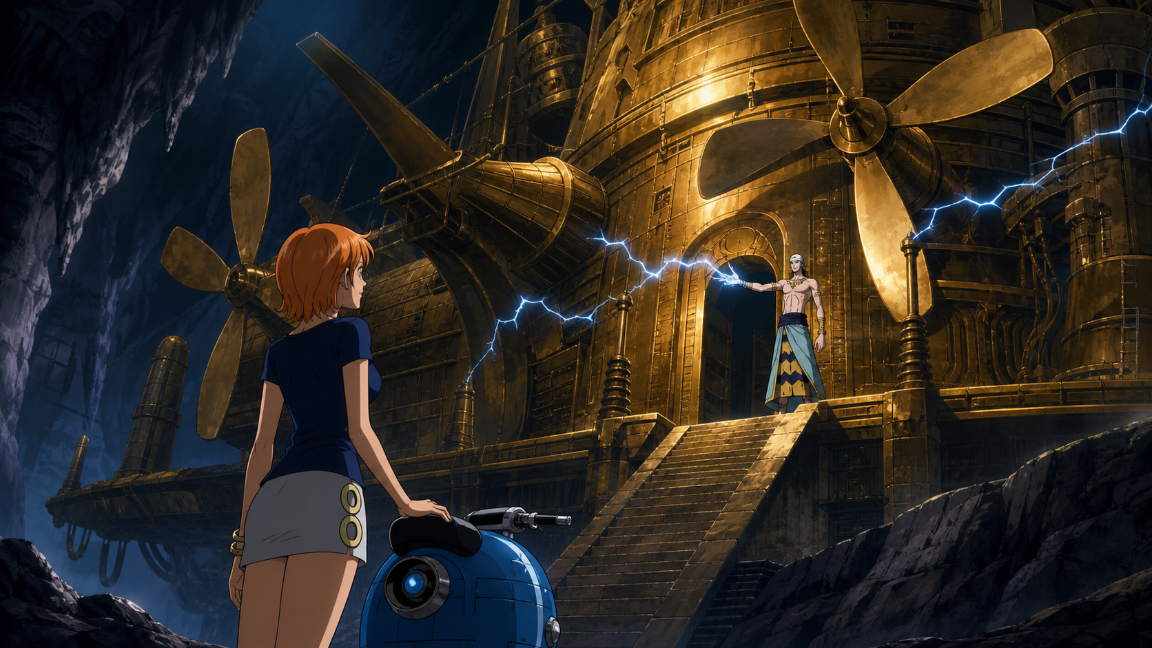 Nami stands beside her blue waver and looks up at Enel presenting the immense golden Ark Maxim inside a hidden cavern