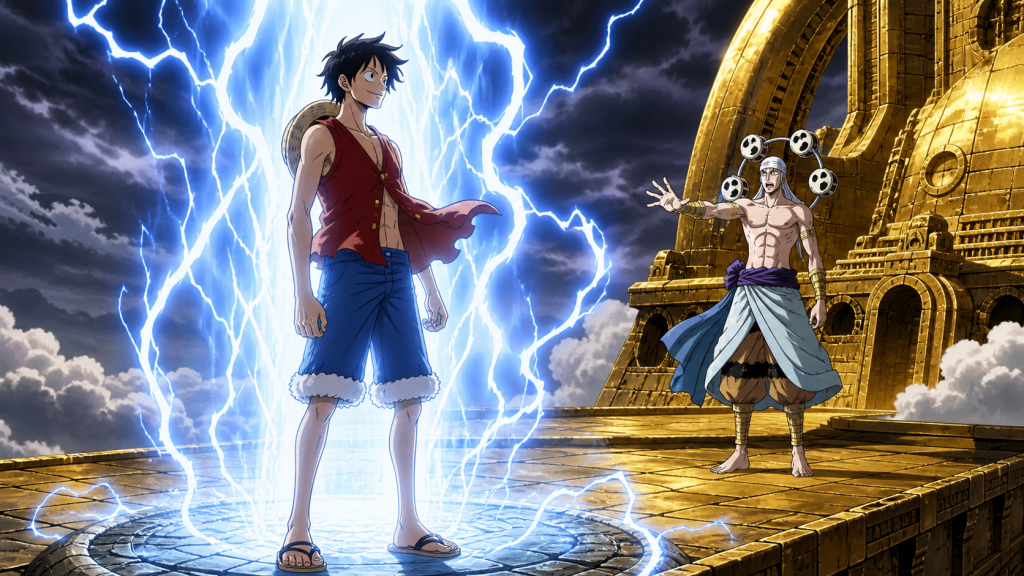 Luffy stands unharmed inside a massive lightning column while Enel stares in shock from the golden Ark Maxim platform
