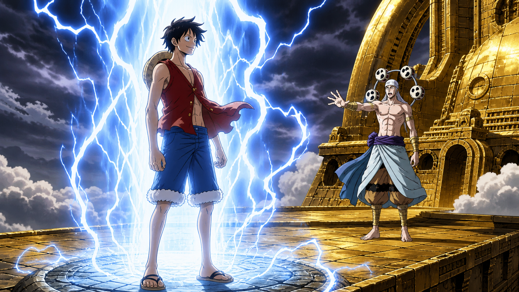 Luffy stands unharmed inside a massive lightning column while Enel stares in shock from the golden Ark Maxim platform