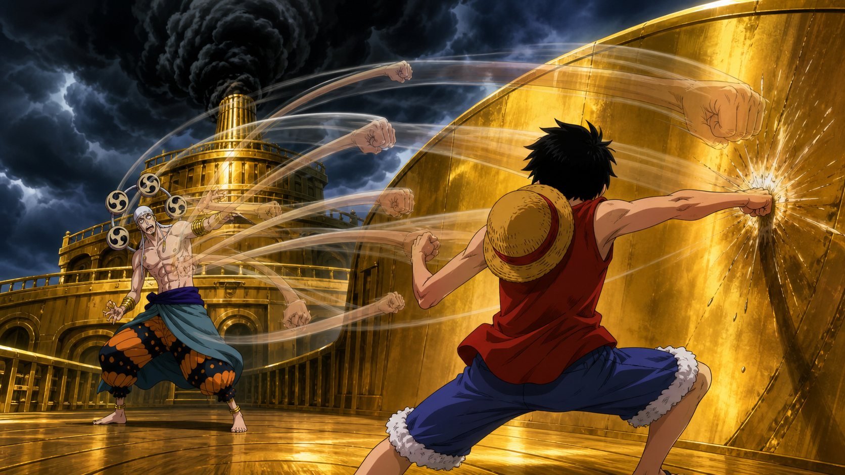Luffy punches a curved gold Maxim wall so translucent rubber fist paths ricochet unpredictably toward Enel beneath black Deathpiea clouds