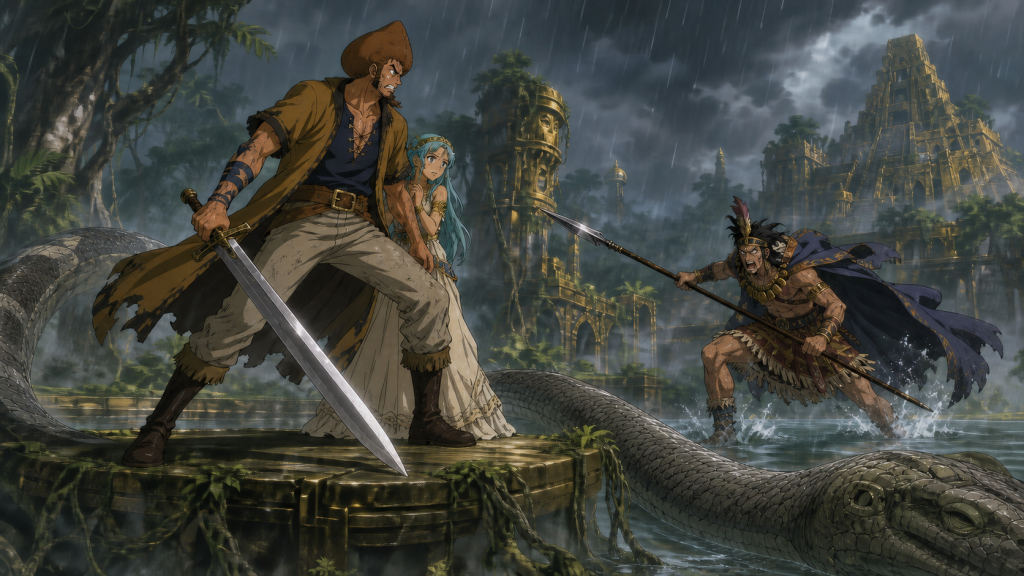 Noland shields Mousse on Shandora’s altar while Kalgara charges with a spear beside one defeated giant snake