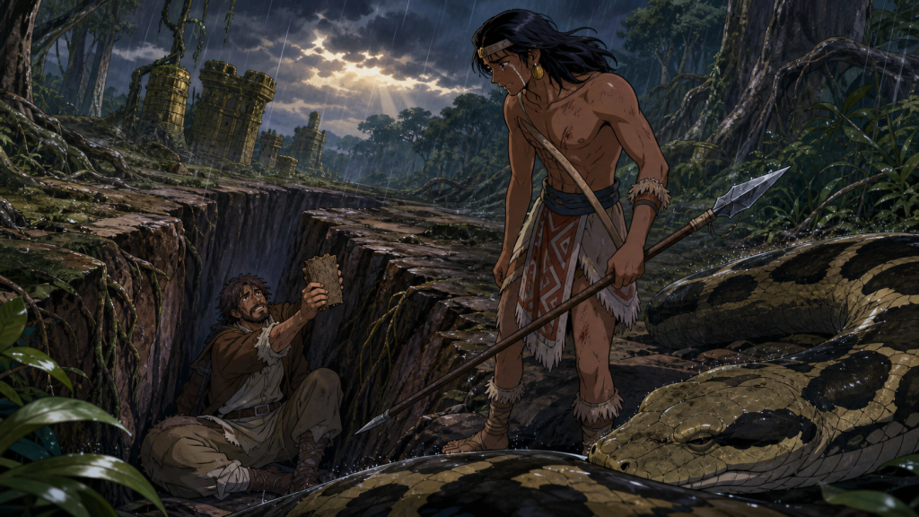 Kalgara stands tearful with a lowered spear beside one defeated snake while trapped Noland holds medicinal Kona bark from a crevice