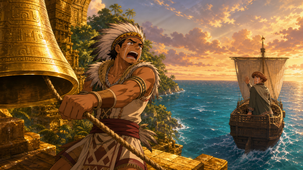 Kalgara rings the Golden Bell through tears while Noland turns back from a departing ship across the sea