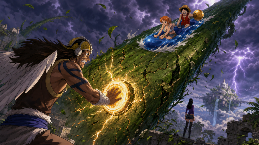 Wyper uses a glowing Reject Dial to topple Giant Jack while Nami drives Luffy toward Ark Maxim