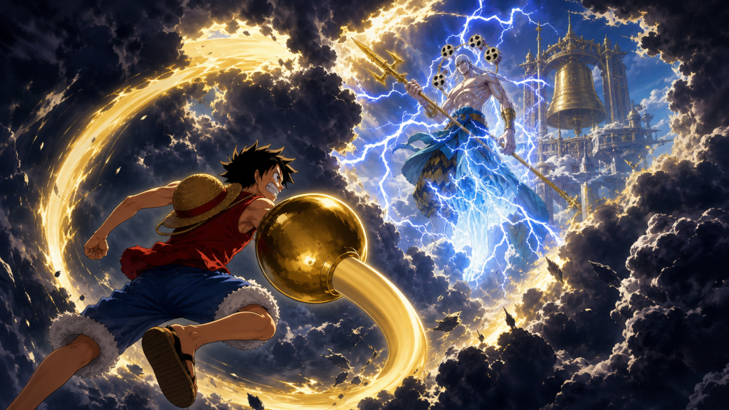 Luffy tears sunlight through Raigo with one gold-bound arm while Enel guards the silent Golden Bell in lightning form