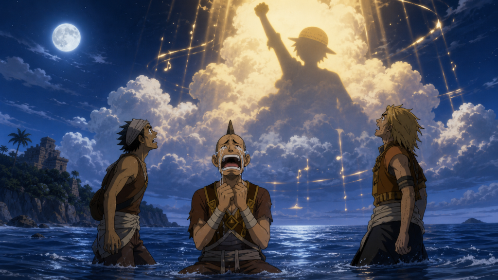 Cricket cries with Masira and Shoujou on Jaya as the Golden Bell reaches them beneath Luffy’s giant cloud shadow