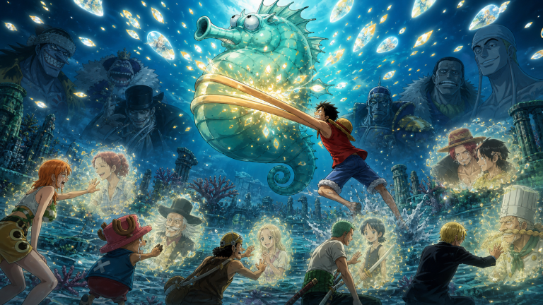 Luffy wraps around the swollen seahorse memory thief while the Straw Hats face beloved and hostile hallucinations