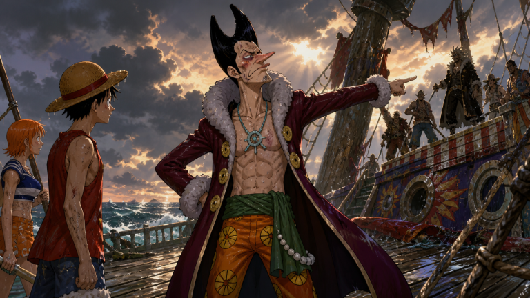 Foxy points toward mutineers on his storm-damaged ship while Luffy and Nami watch