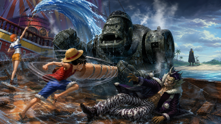 Nami pours rain over Gorilla Puncher 13 as Luffy attacks Foxy and Aokiji waits beside a bicycle
