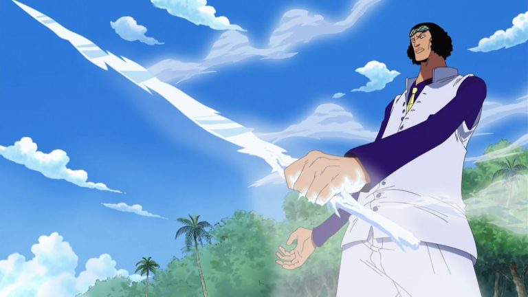 Aokiji extends ice from his hand across a tropical island shoreline in One Piece Episode 227