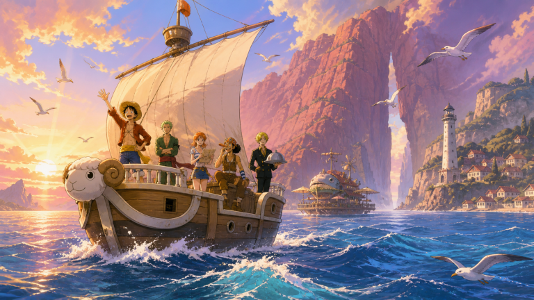 Luffy, Zoro, Nami, Usopp, and Sanji sail the Going Merry toward Reverse Mountain in original CVM Sekai East Blue fan art