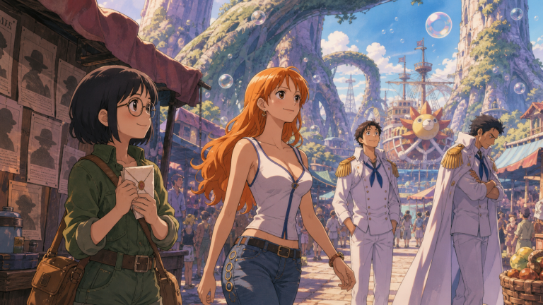 A young Nami fan carries her letter through Sabaody beside Nami and two Marine brothers in original CVM Sekai fan art