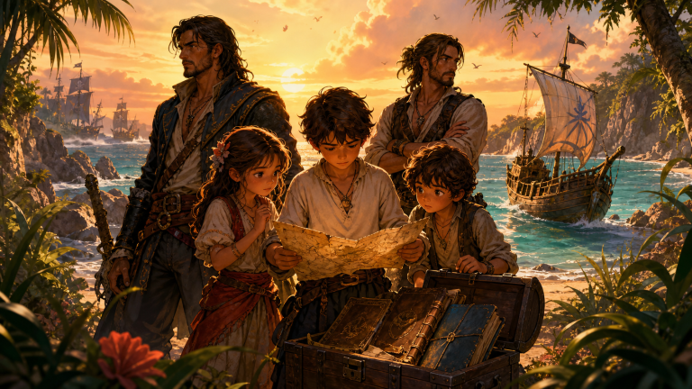 Three siblings study their father’s treasure map while defecting pirates guard a tropical cove in original CVM Sekai fan art