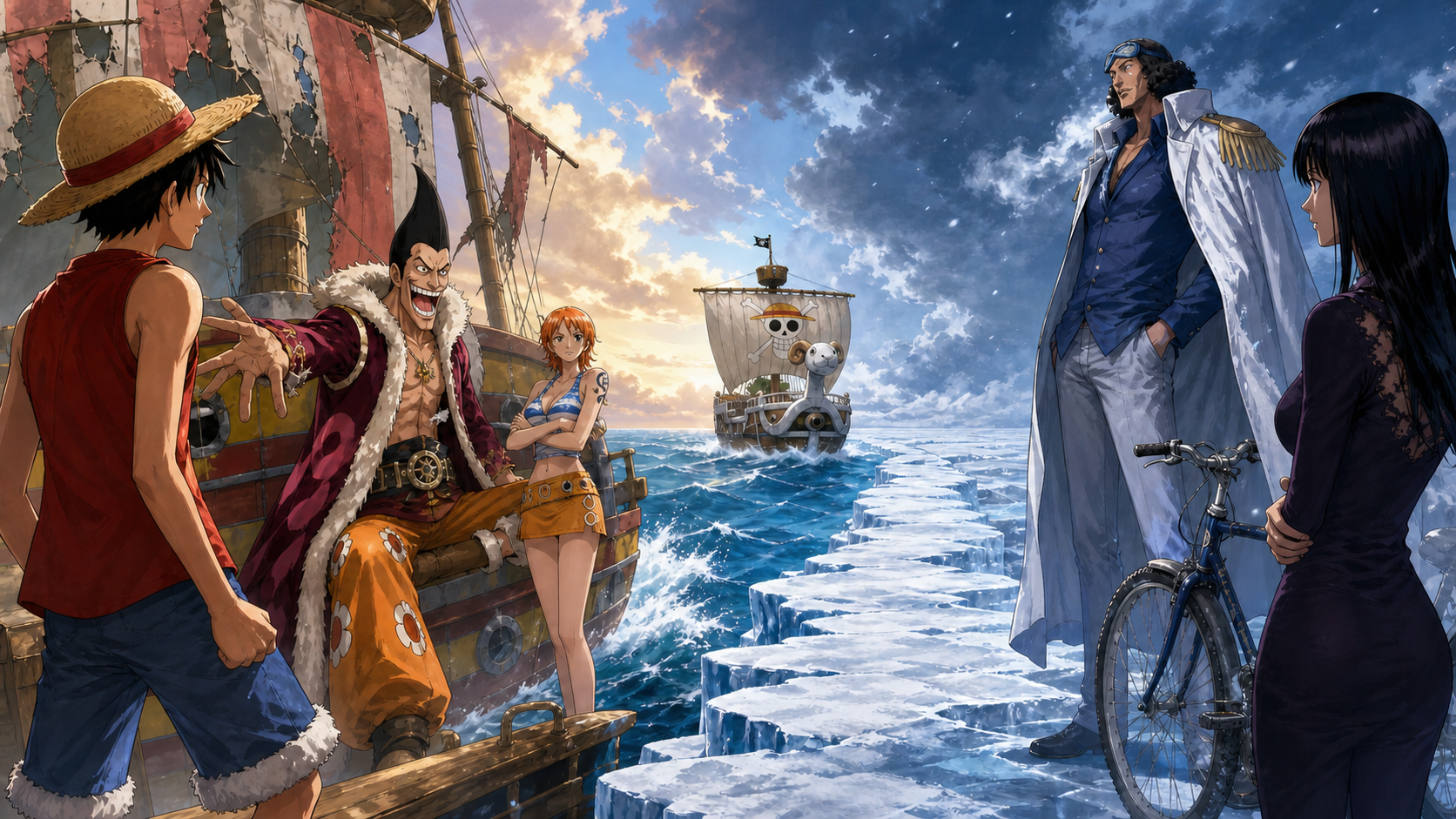 Luffy and Nami face Foxy as Aokiji and Robin stand beside a bicycle on a frozen sea