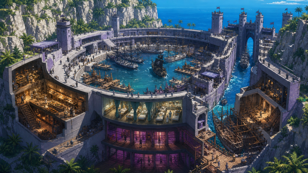 A ring-shaped naval fortress reveals docks, kitchens, hospital rooms, prison corridors, and a hidden pirate ship