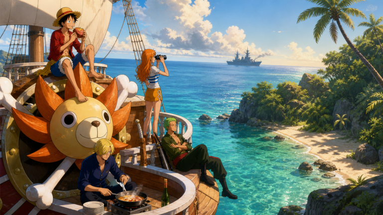 Luffy, Nami, Zoro, and Sanji relax aboard the Thousand Sunny beside a tropical island as a distant Marine ship approaches in original CVM Sekai fan art