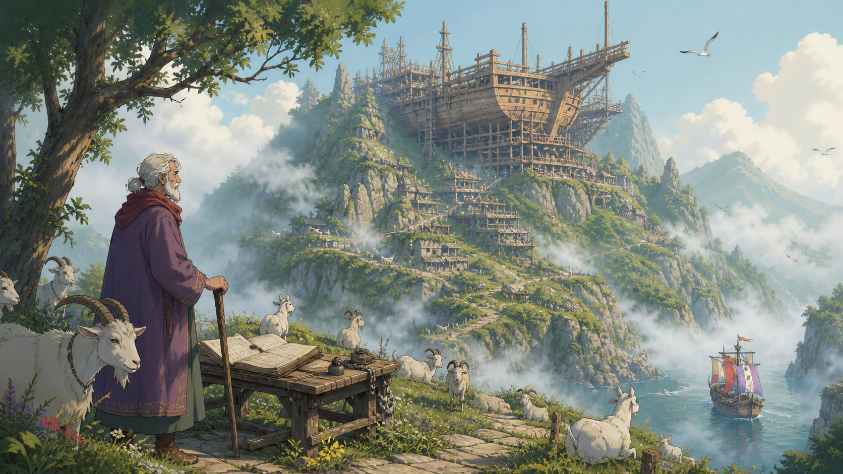 Zenny and his goats overlook an unfinished pirate ship in the mountains of Goat Island