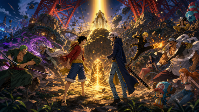 Luffy and Law face each other over Tongari Island’s glowing treasure while the Straw Hats battle powerful Marines in original CVM Sekai fan art