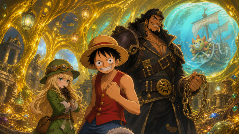 Luffy stands with Olga and Mad Treasure inside Bonbori’s glowing Pure Gold ruins in original CVM Sekai fan art