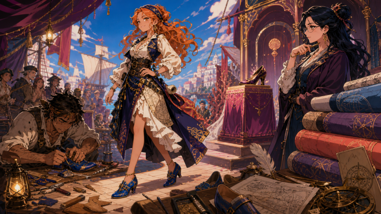 An orange-haired navigator models handcrafted blue shoes while the shoemaker works beside a pirate-world fashion show