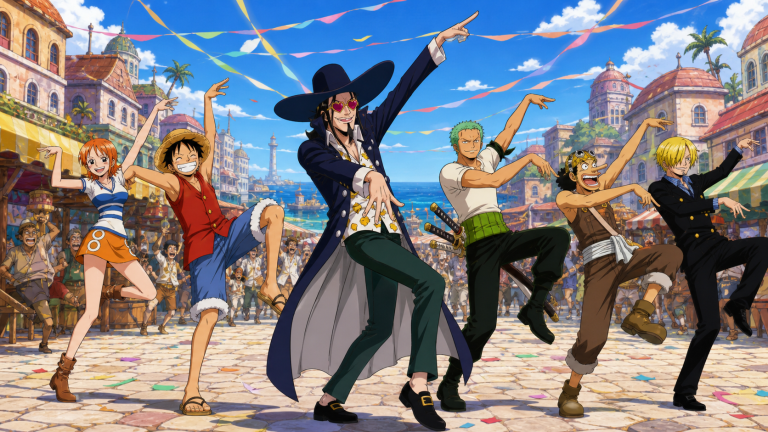 Jango leads Luffy, Nami, Zoro, Usopp, and Sanji through a chaotic dance in a sunny seaside plaza in original CVM Sekai fan art