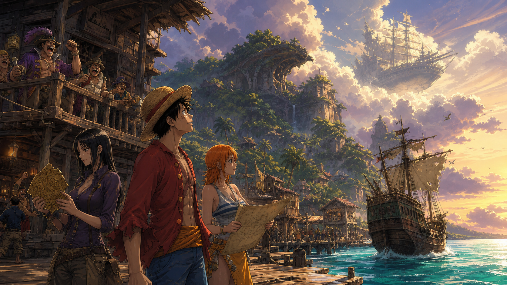Luffy, Nami, and Robin arrive at Jaya while pirates mock them and an impossible sailing ship hangs above the clouds