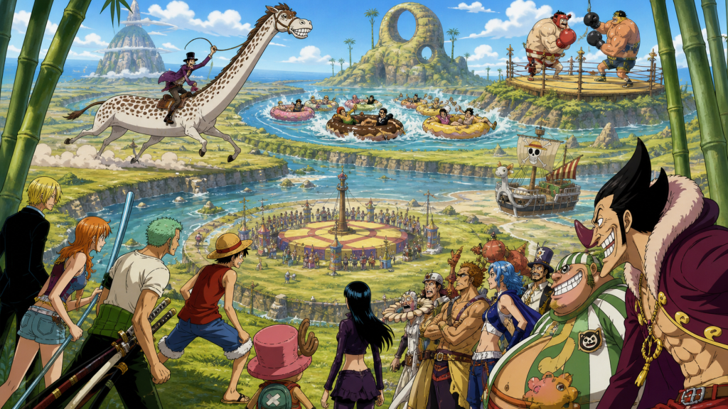 The Straw Hats face the Foxy Pirates across Long Ring Long Land during the Davy Back Fight