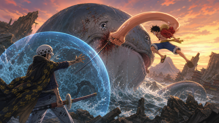 Luffy and Trafalgar Law rescue an injured sea creature along Wano’s coast in original CVM Sekai fan art