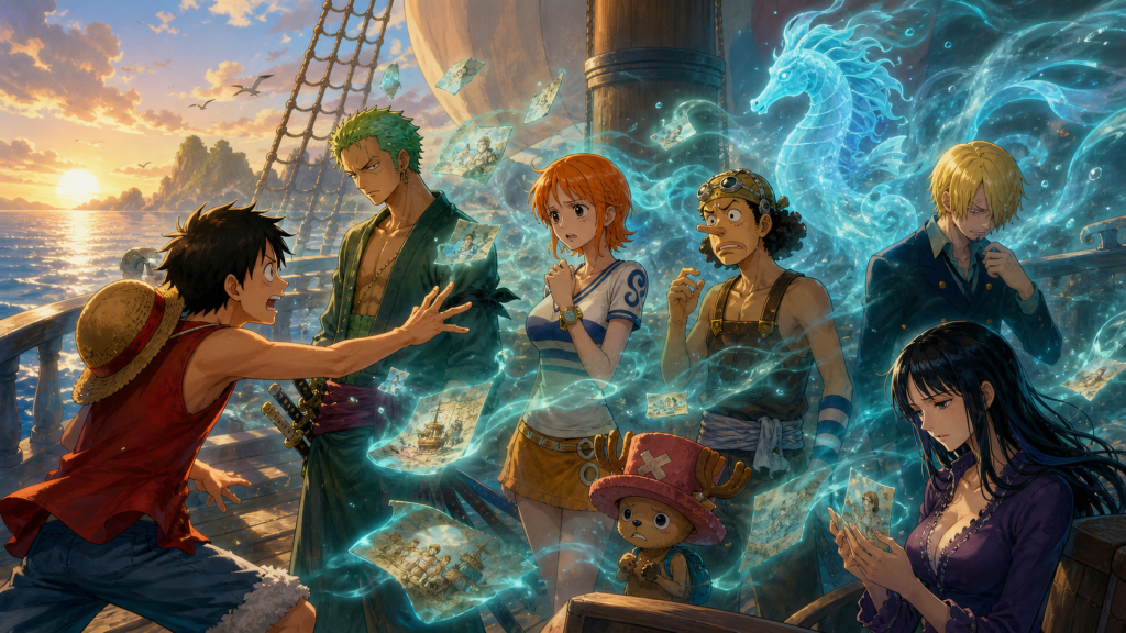 Luffy reaches toward six confused Straw Hats while a seahorse dream spirit steals their shared memories