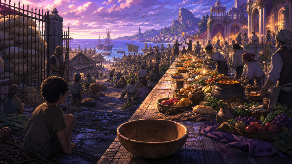 An empty bowl faces a guarded palace banquet while coastal workers share food across a divided One Piece-inspired island