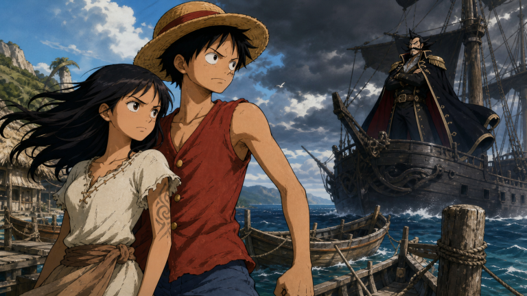Luffy and Silk defend a harbor as Crescent-Moon Gally approaches aboard a dark raiding ship in original CVM Sekai fan art