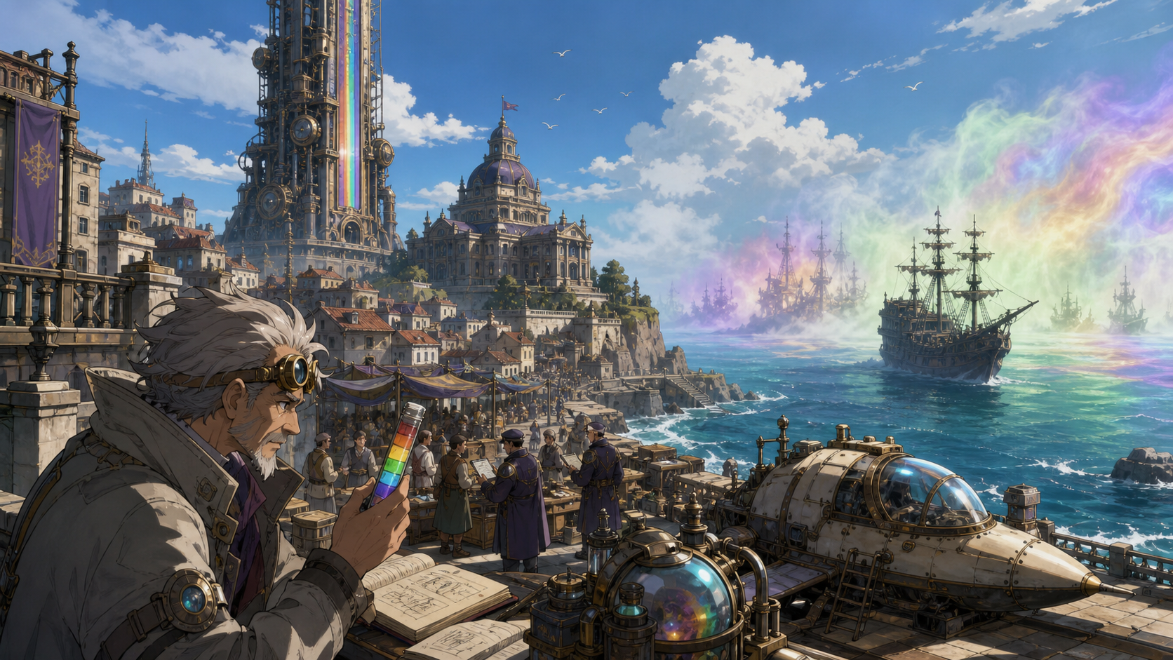 Henzo studies the Rainbow Mist while an unmanned galleon approaches Ruluka Island and its tax-controlled city