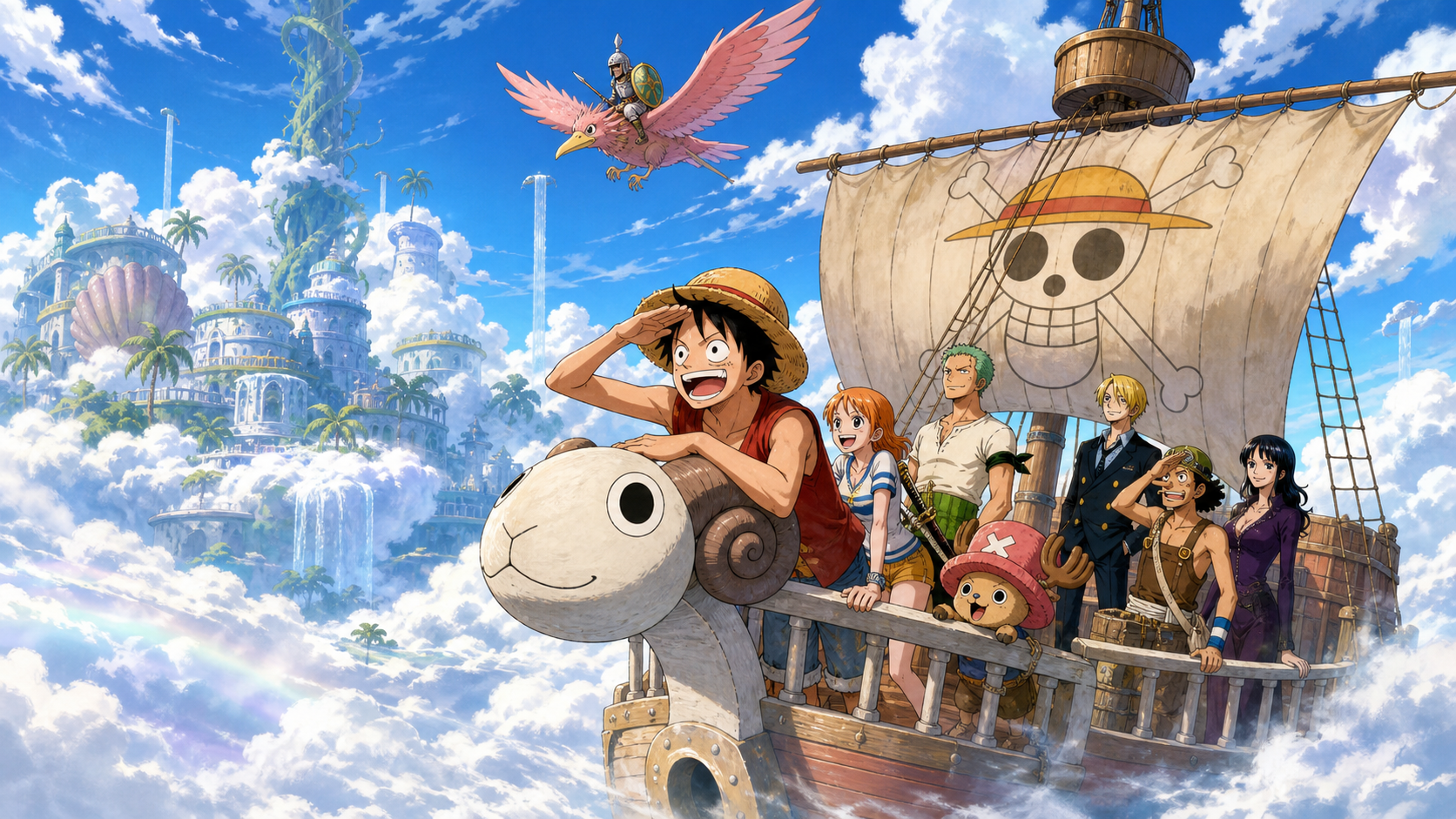 Luffy and the Straw Hat crew sail the Going Merry across the White Sea toward Angel Island while a sky knight circles above