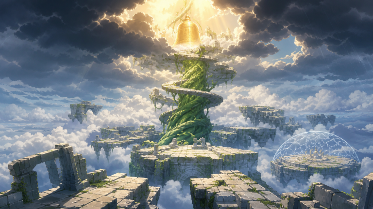 Giant Jack rises through broken Upper Yard ruins toward a distant golden bell while a white Iron Cloud dome encloses a lower platform
