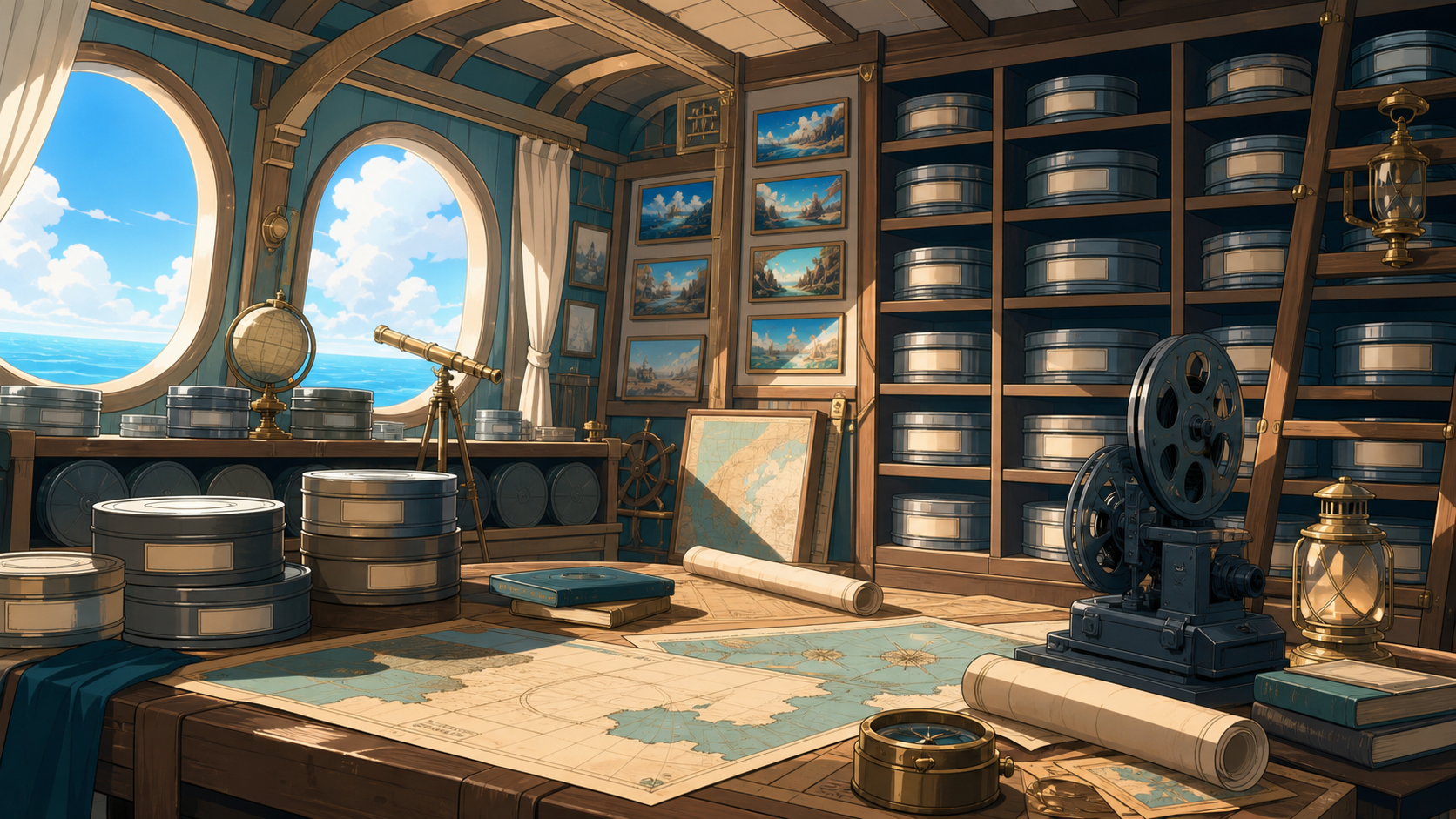 A bright shipboard archive stores film canisters, projection equipment, and maps