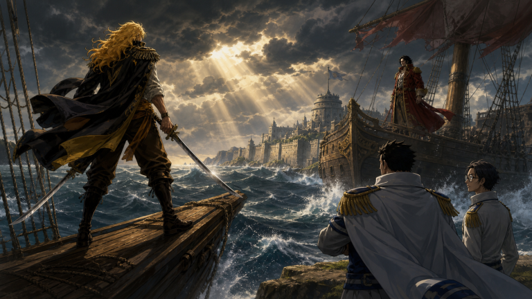 Shiki confronts Gol D. Roger across a stormy sea while younger Garp and Sengoku watch from a Marine harbor in original CVM Sekai fan art
