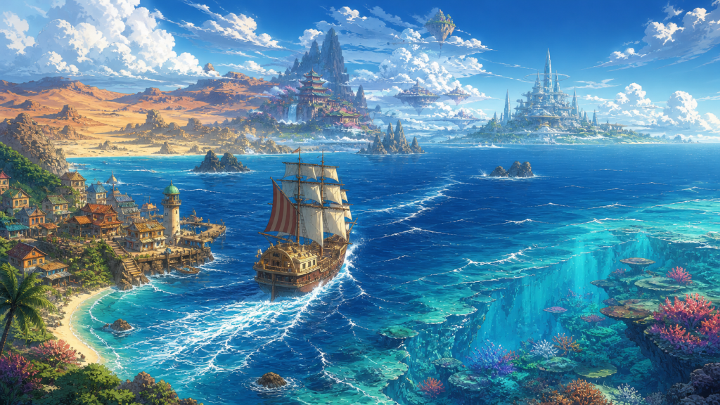 A pirate ship crosses a sea connecting many distinct worlds across one long voyage