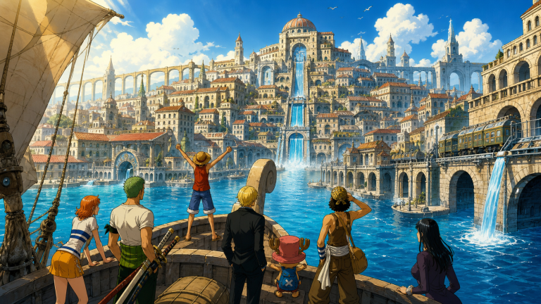 The Straw Hat crew approaches the tiered canals, waterfalls, bridges, and sea-train tracks of Water 7